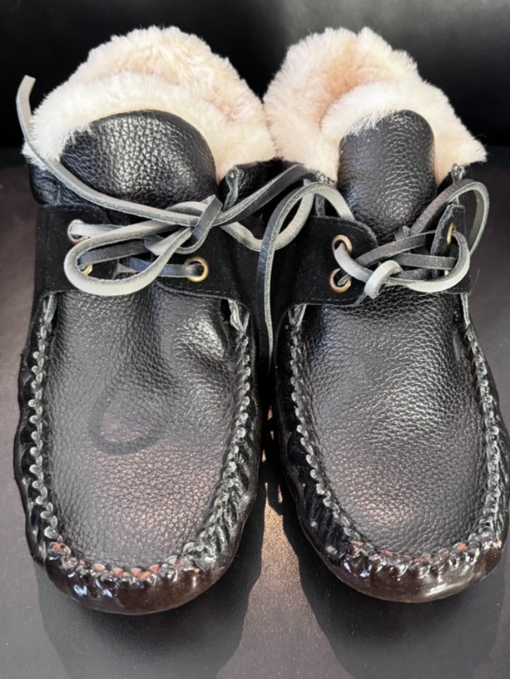 Australia Luxe Collective Kids' Black Leather Shearling Moccasin Slippers, New - Picture 3 of 7